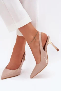 Boto Czółenka Klasyczne*Lakierowane Szpilki Z Odkrytą Piętą I Szpiczastymi Noskami Beżowe Rivori Beżowy