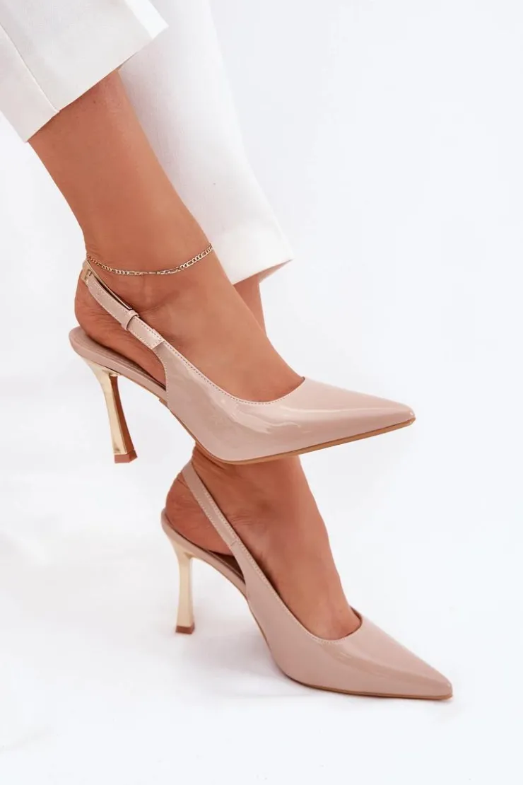 Boto Czółenka Klasyczne*Lakierowane Szpilki Z Odkrytą Piętą I Szpiczastymi Noskami Beżowe Rivori Beżowy