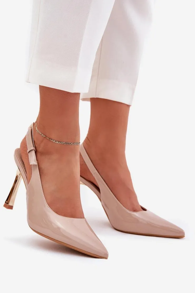 Boto Czółenka Klasyczne*Lakierowane Szpilki Z Odkrytą Piętą I Szpiczastymi Noskami Beżowe Rivori Beżowy