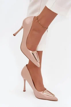 Clearance Boto Lakierowane Szpilki Ze Złotym Detalem Beżowe Paivelle Beżowy