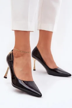Boto Czółenka Klasyczne*Lakierowane Szpilki Ze Złotą Klamrą Czarne Mivira