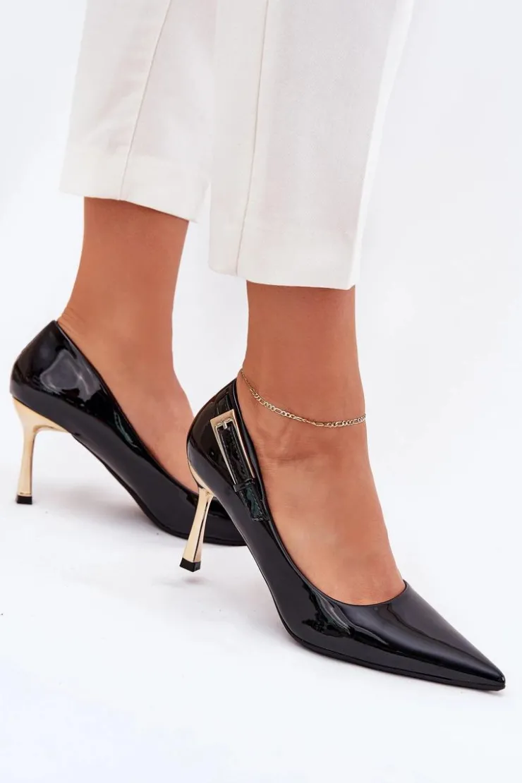 Boto Czółenka Klasyczne*Lakierowane Szpilki Ze Złotą Klamrą Czarne Mivira