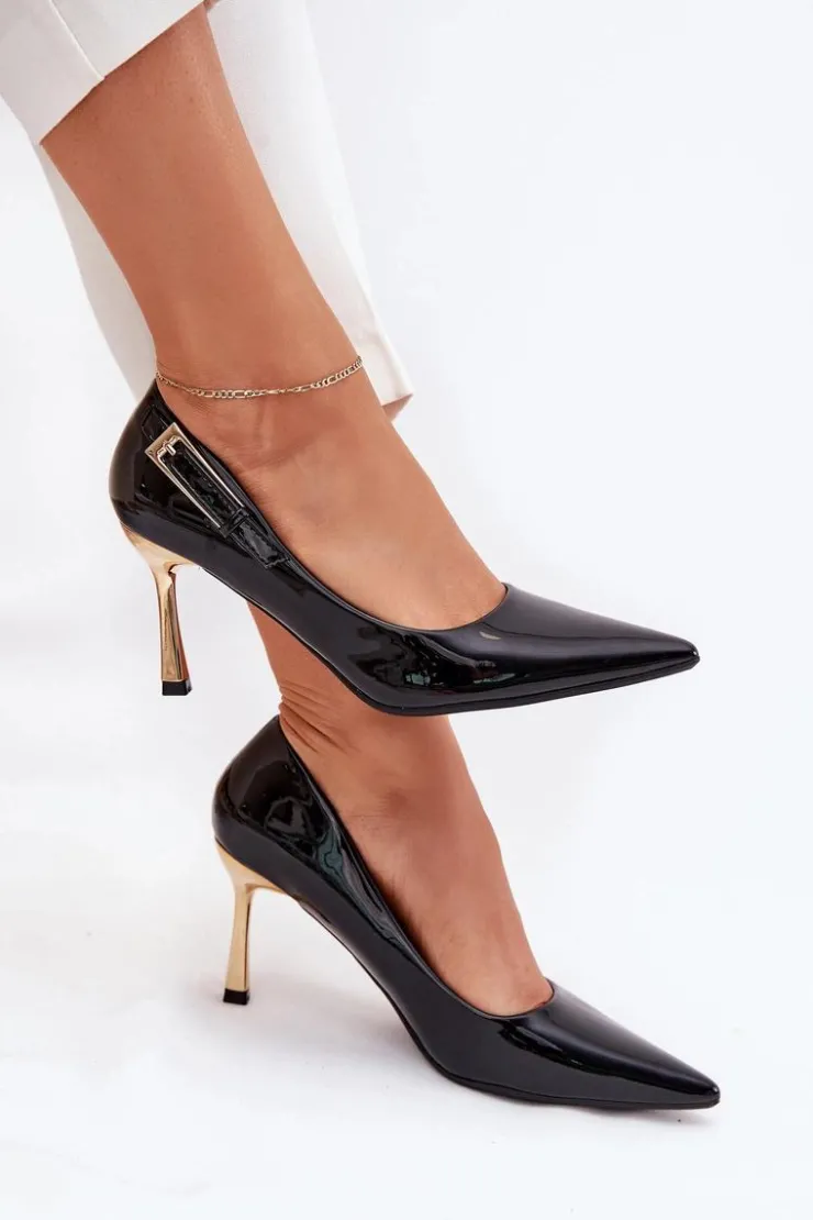 Boto Czółenka Klasyczne*Lakierowane Szpilki Ze Złotą Klamrą Czarne Mivira