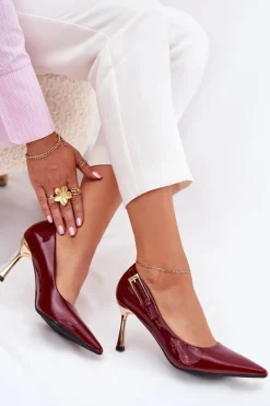 Outlet Boto Lakierowane Szpilki Ze Złotą Klamrą Bordowe Mivira Czerwony