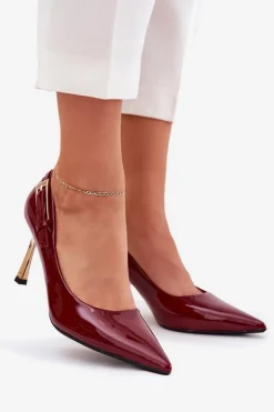 Outlet Boto Lakierowane Szpilki Ze Złotą Klamrą Bordowe Mivira Czerwony