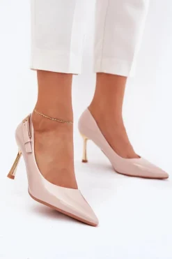 Damskie Boto Lakierowane Szpilki Ze Złotą Klamrą Beżowe Mivira