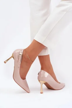 Damskie Boto Lakierowane Szpilki Ze Złotą Klamrą Beżowe Mivira