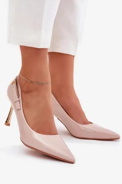 Damskie Boto Lakierowane Szpilki Ze Złotą Klamrą Beżowe Mivira