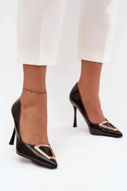 Damskie Boto Lakierowane Szpilki Ze Złotym Detalem Czarne Paivelle