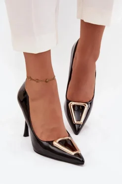 Damskie Boto Lakierowane Szpilki Ze Złotym Detalem Czarne Paivelle