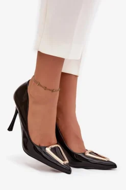 Damskie Boto Lakierowane Szpilki Ze Złotym Detalem Czarne Paivelle