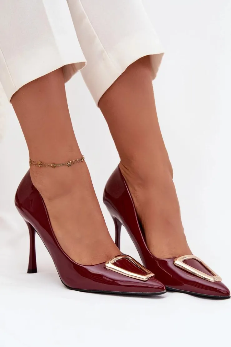 Boto Czółenka Klasyczne*Lakierowane Szpilki Ze Złotym Detalem Bordowe Paivelle Czerwony