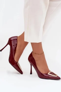 Boto Czółenka Klasyczne*Lakierowane Szpilki Ze Złotym Detalem Bordowe Paivelle Czerwony