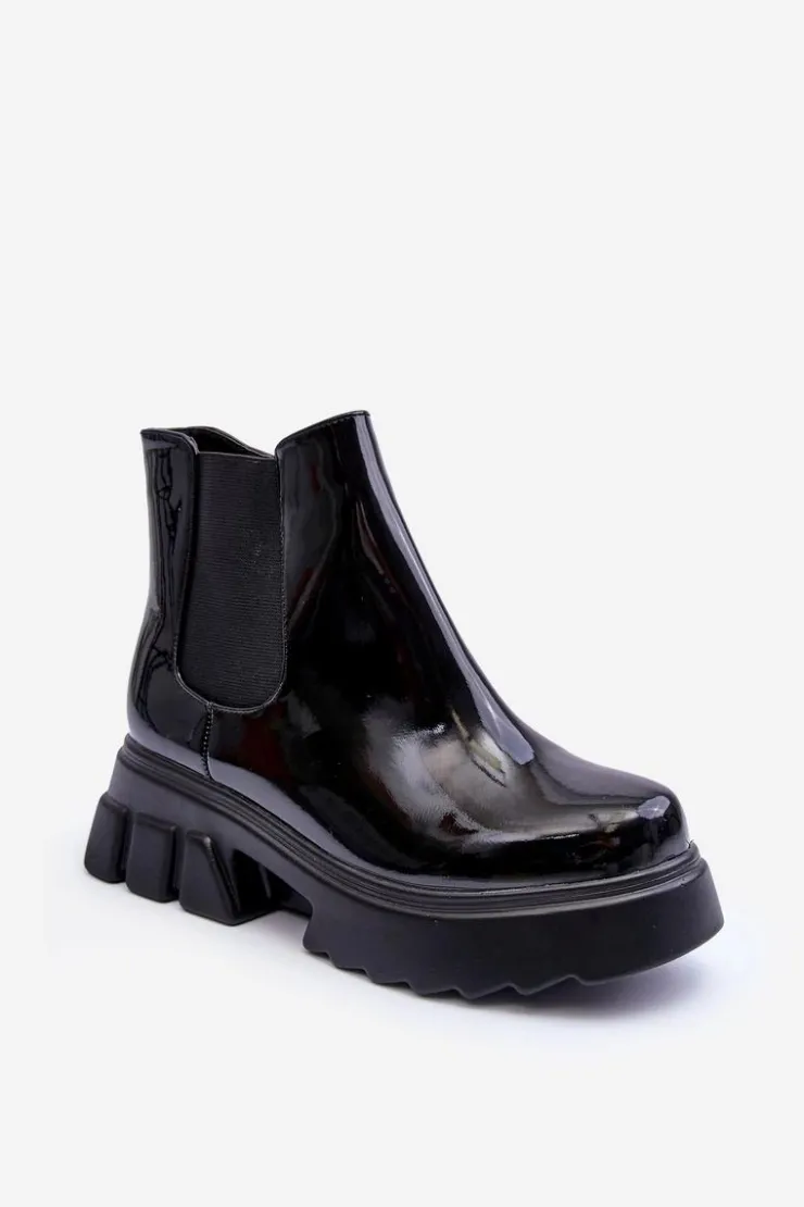 Boto Czarne Botki|Botki Płaskie*Lakierowane Sztyblety Workery Damskie Czarne Brizora