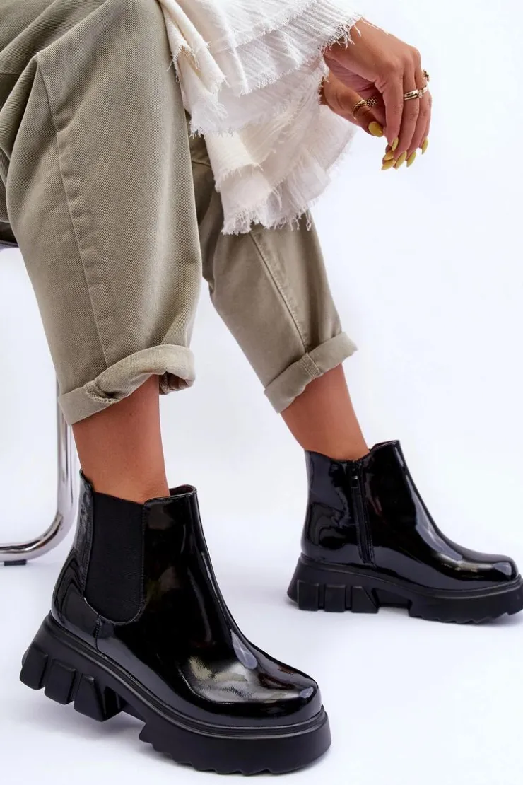 Boto Czarne Botki|Botki Płaskie*Lakierowane Sztyblety Workery Damskie Czarne Brizora