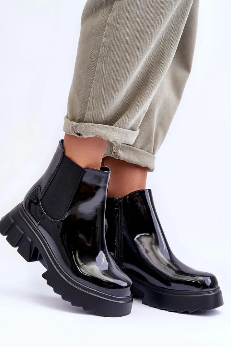 Boto Czarne Botki|Botki Płaskie*Lakierowane Sztyblety Workery Damskie Czarne Brizora