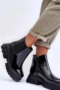 Boto Czarne Botki|Botki Płaskie*Lakierowane Sztyblety Workery Damskie Czarne Brizora