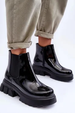 Boto Czarne Botki|Botki Płaskie*Lakierowane Sztyblety Workery Damskie Czarne Brizora