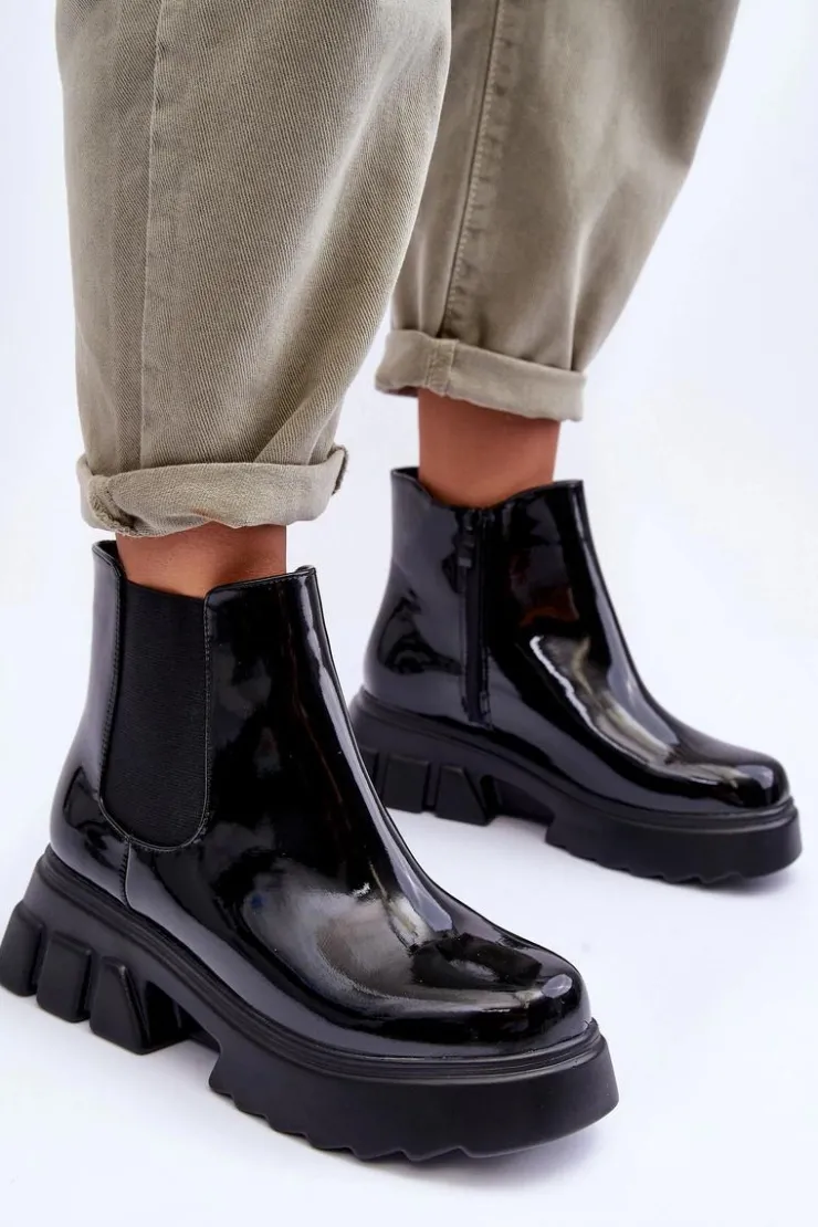 Boto Czarne Botki|Botki Płaskie*Lakierowane Sztyblety Workery Damskie Czarne Brizora
