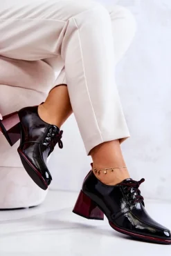 Best Damskie buty S.Barski Lakierowane Wiązane Półbuty Na Słupku Czarno-Czerwone Esmera