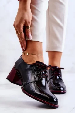 Best Damskie buty S.Barski Lakierowane Wiązane Półbuty Na Słupku Czarno-Czerwone Esmera