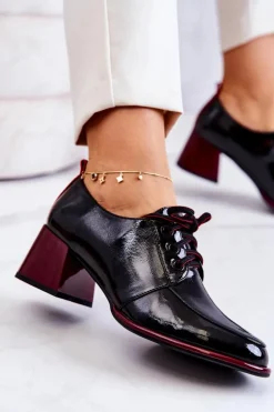 Best Damskie buty S.Barski Lakierowane Wiązane Półbuty Na Słupku Czarno-Czerwone Esmera