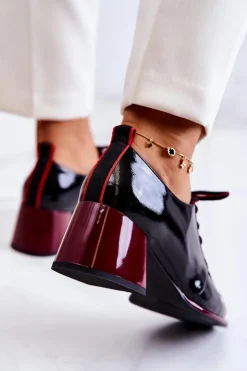 Best Damskie buty S.Barski Lakierowane Wiązane Półbuty Na Słupku Czarno-Czerwone Esmera