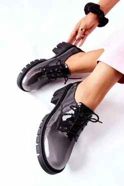 Damskie buty S.Barski Półbuty Lakierowane*Lakierowane Wiązane Półbuty Czarno-Szare Mosy