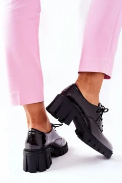 Damskie buty S.Barski Półbuty Lakierowane*Lakierowane Wiązane Półbuty Czarno-Szare Mosy