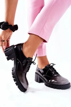 Damskie buty S.Barski Półbuty Lakierowane*Lakierowane Wiązane Półbuty Czarno-Szare Mosy