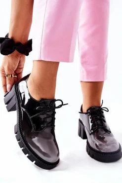 Damskie buty S.Barski Półbuty Lakierowane*Lakierowane Wiązane Półbuty Czarno-Szare Mosy