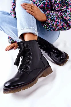 Discount Evento Lakierowane Workery Ocieplane Czarne Lomess