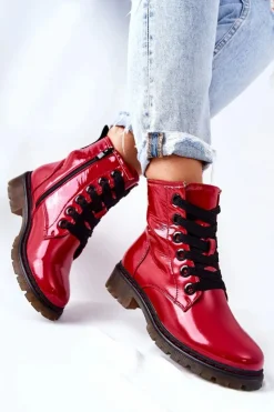 Evento Botki Sznurowane|Czarne Botki*Lakierowane Workery Ocieplane Czerwone Lomess