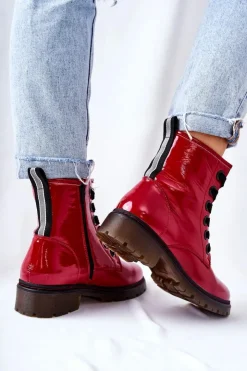 Evento Botki Sznurowane|Czarne Botki*Lakierowane Workery Ocieplane Czerwone Lomess