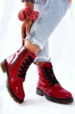 Evento Botki Sznurowane|Czarne Botki*Lakierowane Workery Ocieplane Czerwone Lomess