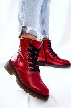 Evento Botki Sznurowane|Czarne Botki*Lakierowane Workery Ocieplane Czerwone Lomess