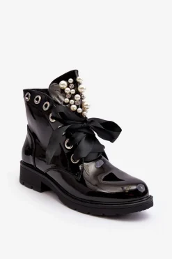 Damskie Boto Lakierowane Zdobione Botki Czarne Sirdre