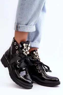 Damskie Boto Lakierowane Zdobione Botki Czarne Sirdre