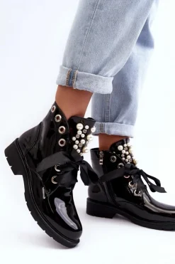 Damskie Boto Lakierowane Zdobione Botki Czarne Sirdre