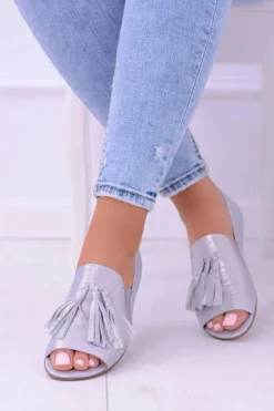 Laura Messi Baleriny Skórzane|Baleriny Klasyczne*1701 Skórzane Szare Baleriny Peep Toe Lendo