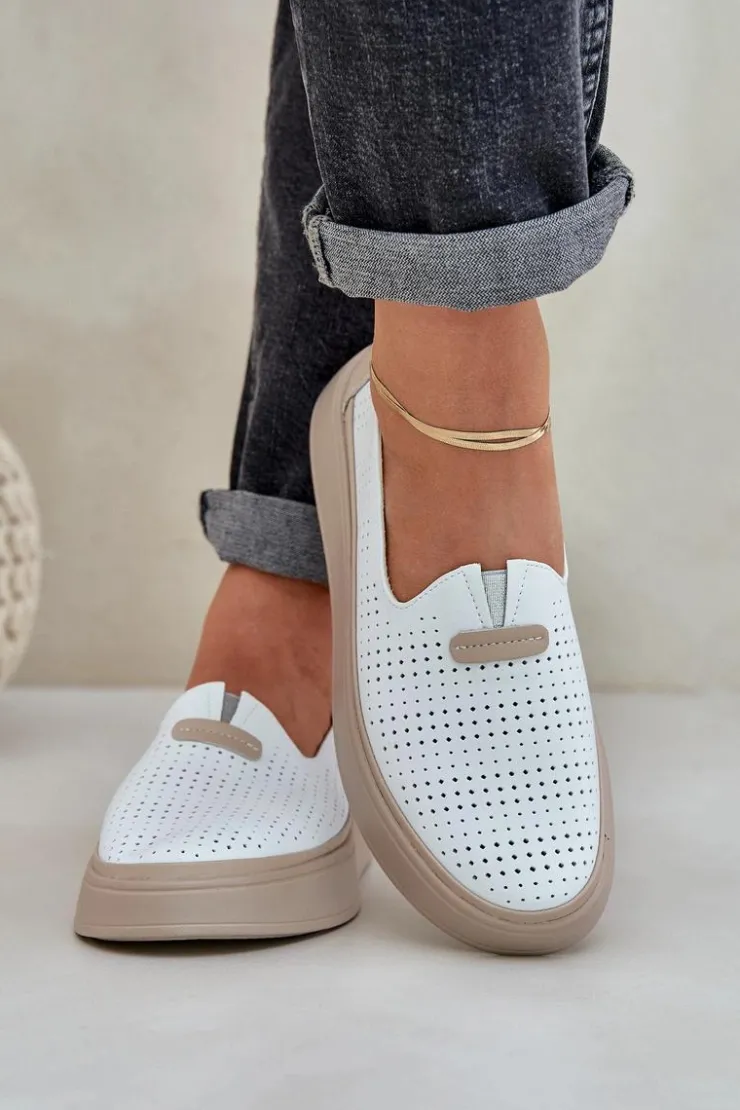 Discount Evento Lekkie Ażurowe Skórzane Mokasyny Półbuty Damskie Na Platformie I Koturnie Białe Hanthiel