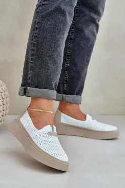 Discount Evento Lekkie Ażurowe Skórzane Mokasyny Półbuty Damskie Na Platformie I Koturnie Białe Hanthiel