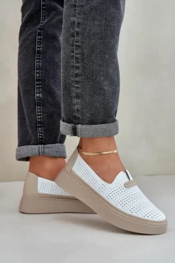 Discount Evento Lekkie Ażurowe Skórzane Mokasyny Półbuty Damskie Na Platformie I Koturnie Białe Hanthiel
