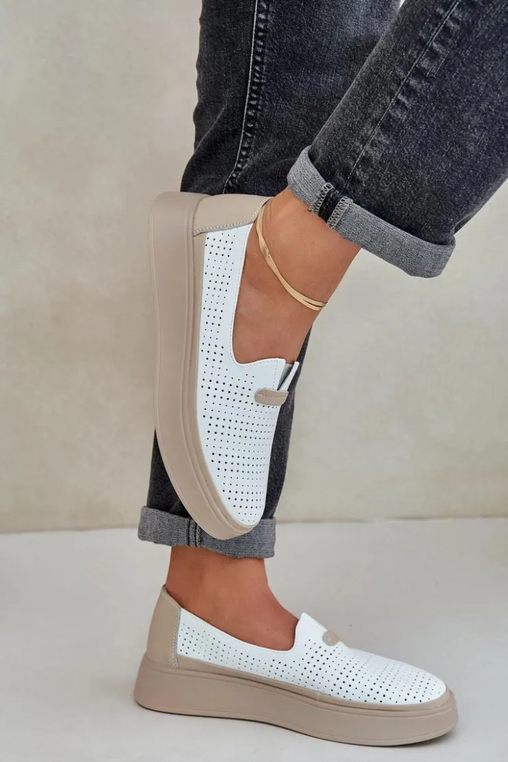 Discount Evento Lekkie Ażurowe Skórzane Mokasyny Półbuty Damskie Na Platformie I Koturnie Białe Hanthiel