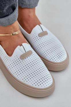 Discount Evento Lekkie Ażurowe Skórzane Mokasyny Półbuty Damskie Na Platformie I Koturnie Białe Hanthiel