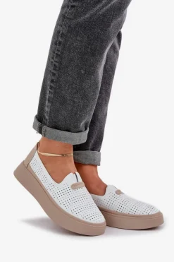 Discount Evento Lekkie Ażurowe Skórzane Mokasyny Półbuty Damskie Na Platformie I Koturnie Białe Hanthiel