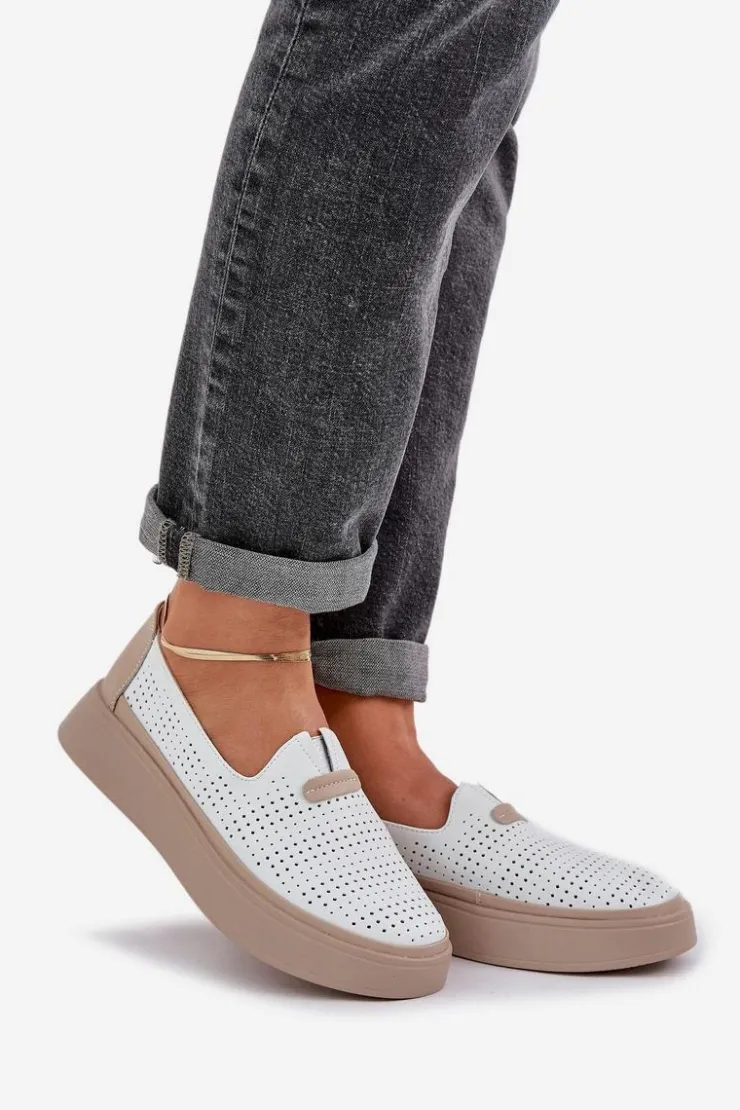 Discount Evento Lekkie Ażurowe Skórzane Mokasyny Półbuty Damskie Na Platformie I Koturnie Białe Hanthiel