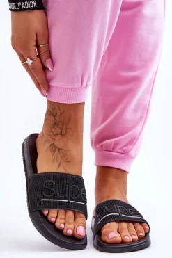 Boto Klapki Sportowe*Lekkie Damskie Klapki Z Napisem Czarne Merry