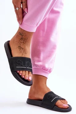 Boto Klapki Sportowe*Lekkie Damskie Klapki Z Napisem Czarne Merry