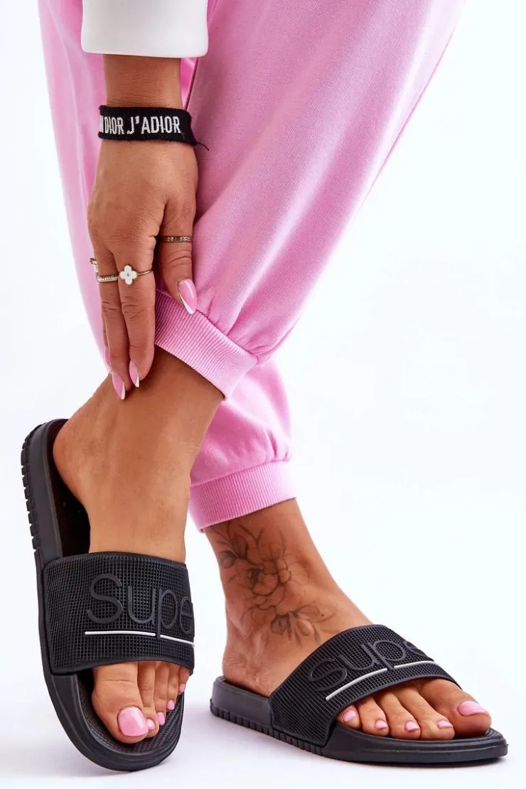 Boto Klapki Sportowe*Lekkie Damskie Klapki Z Napisem Czarne Merry